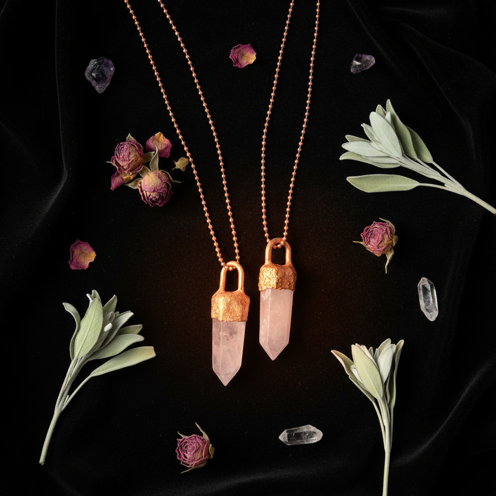 Rose Quartz Copper Pendant – Flatlay