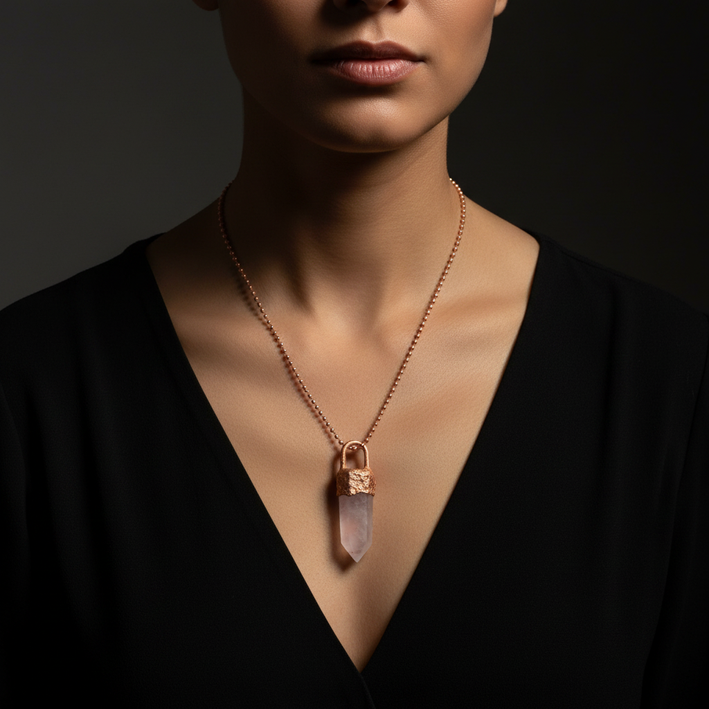 Rose Quartz Copper Pendant – Worn