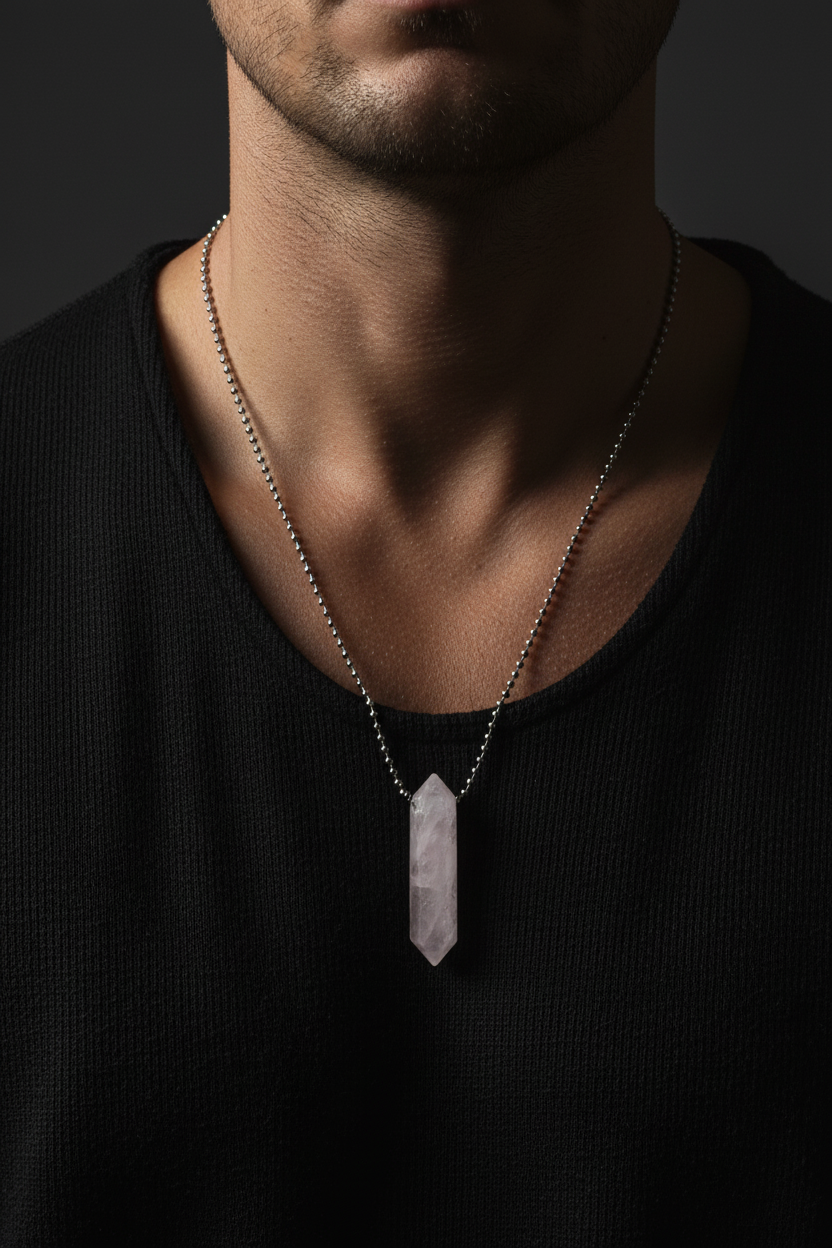 Rose Quartz Pendant On Male Model Close-up