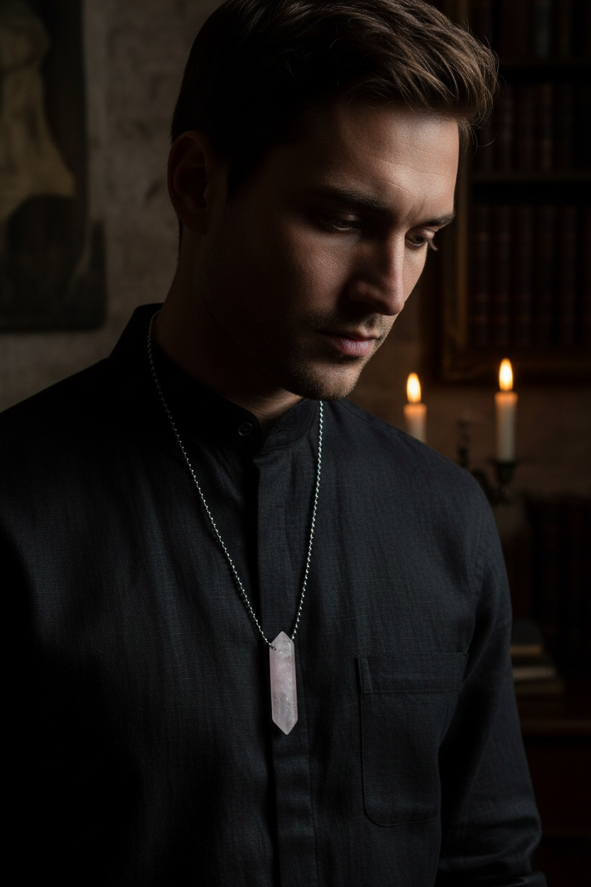 Rose Quartz Pendant On Male Model Lifestyle