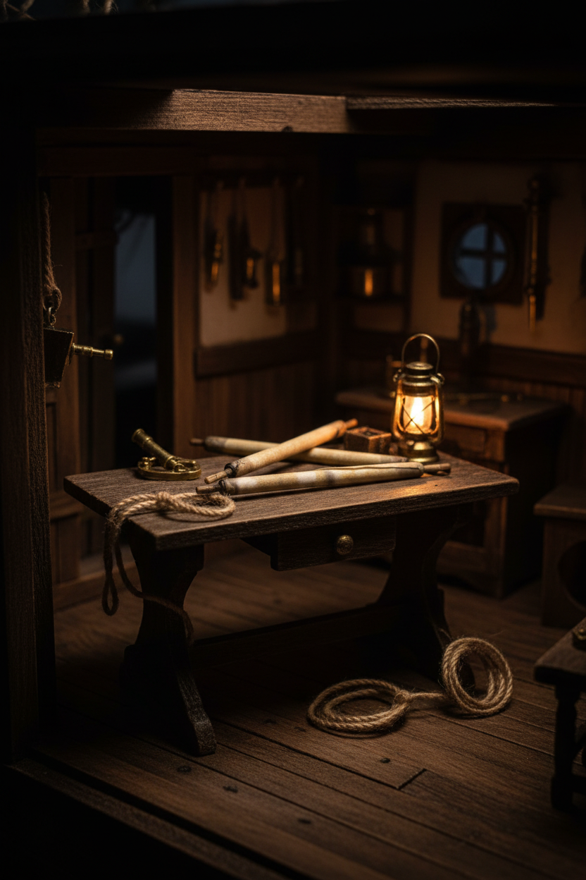 Scroll maps on pirate ship map table