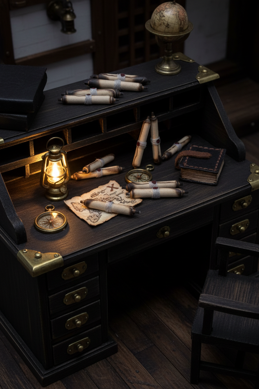 Scrolls on pirate captain's desk