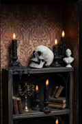 Single skull on haunted dollhouse shelf