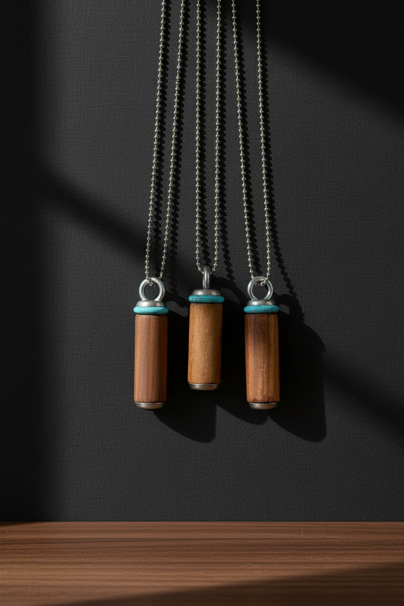 Single wooden turquoise-accented pendant, styled for WILLOWS AND MIDNIGHT