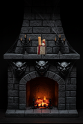 Skull candle altar on carved stone mantle
