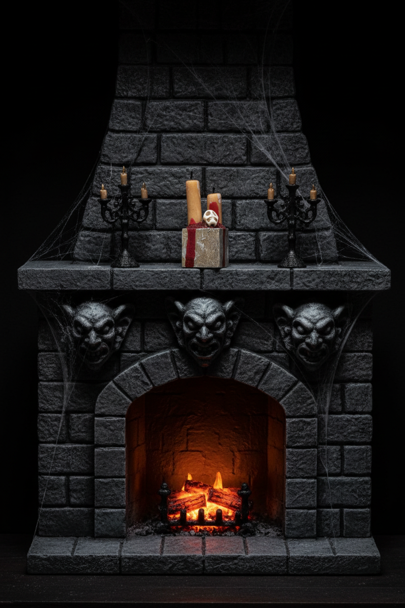 Skull candle altar on carved stone mantle