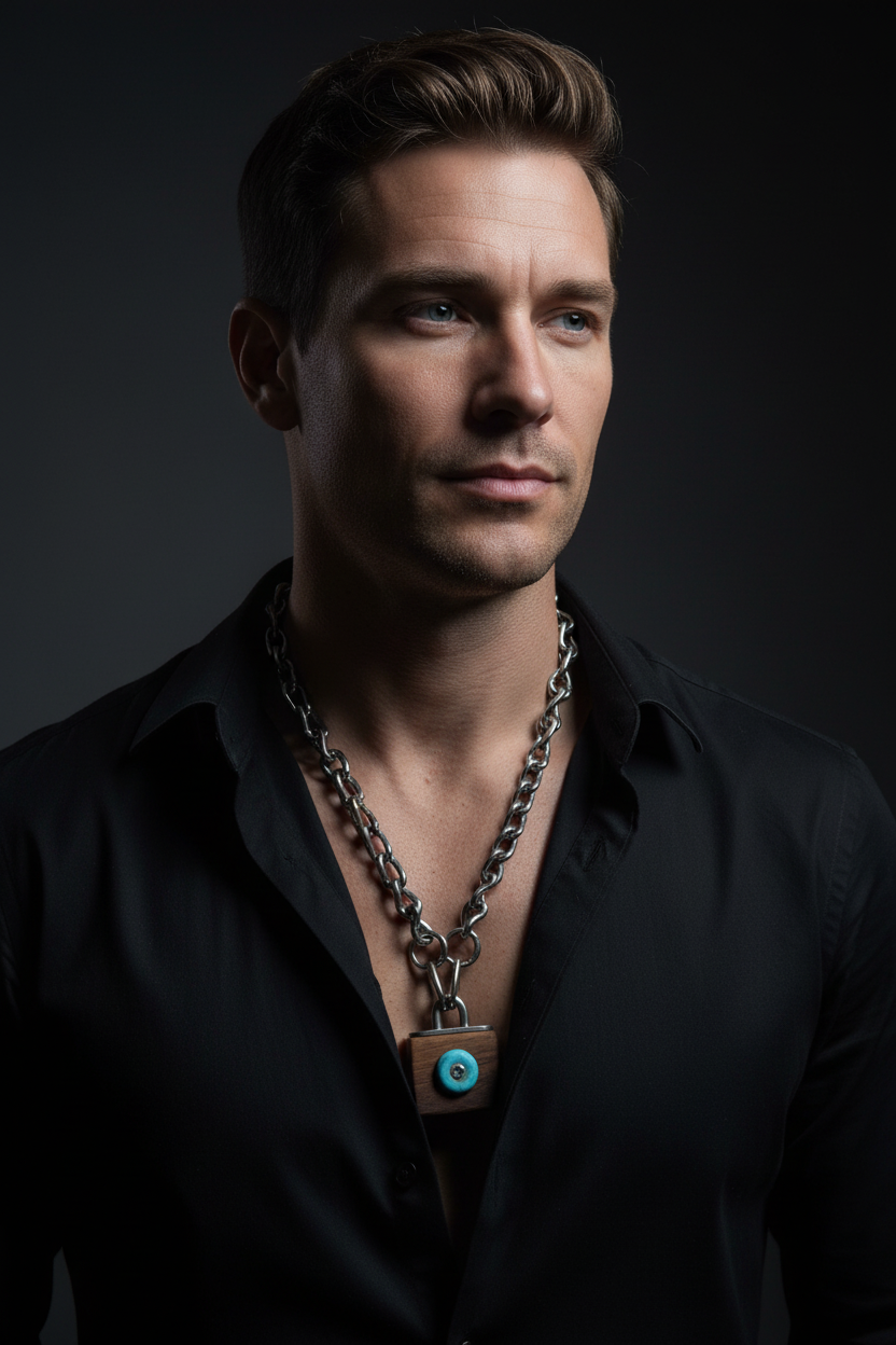 Statement necklace worn by a male model