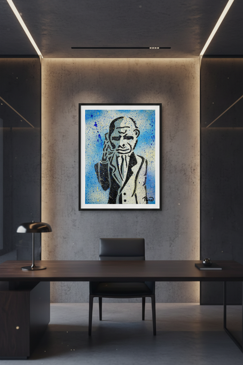 Stencil Portrait — Dark Office Concrete & Smoky Glass Mockup