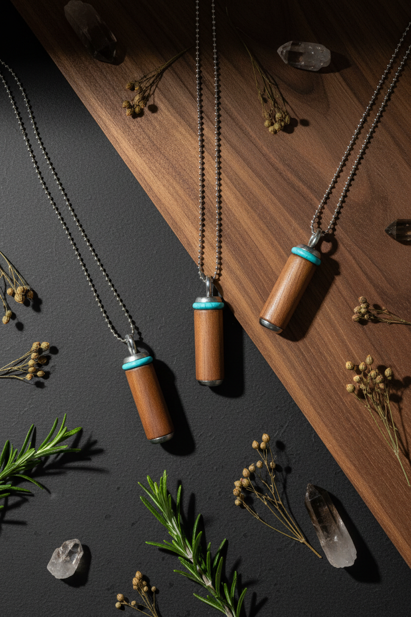 Three pendants styled with rosemary, botanicals, and quartz crystals