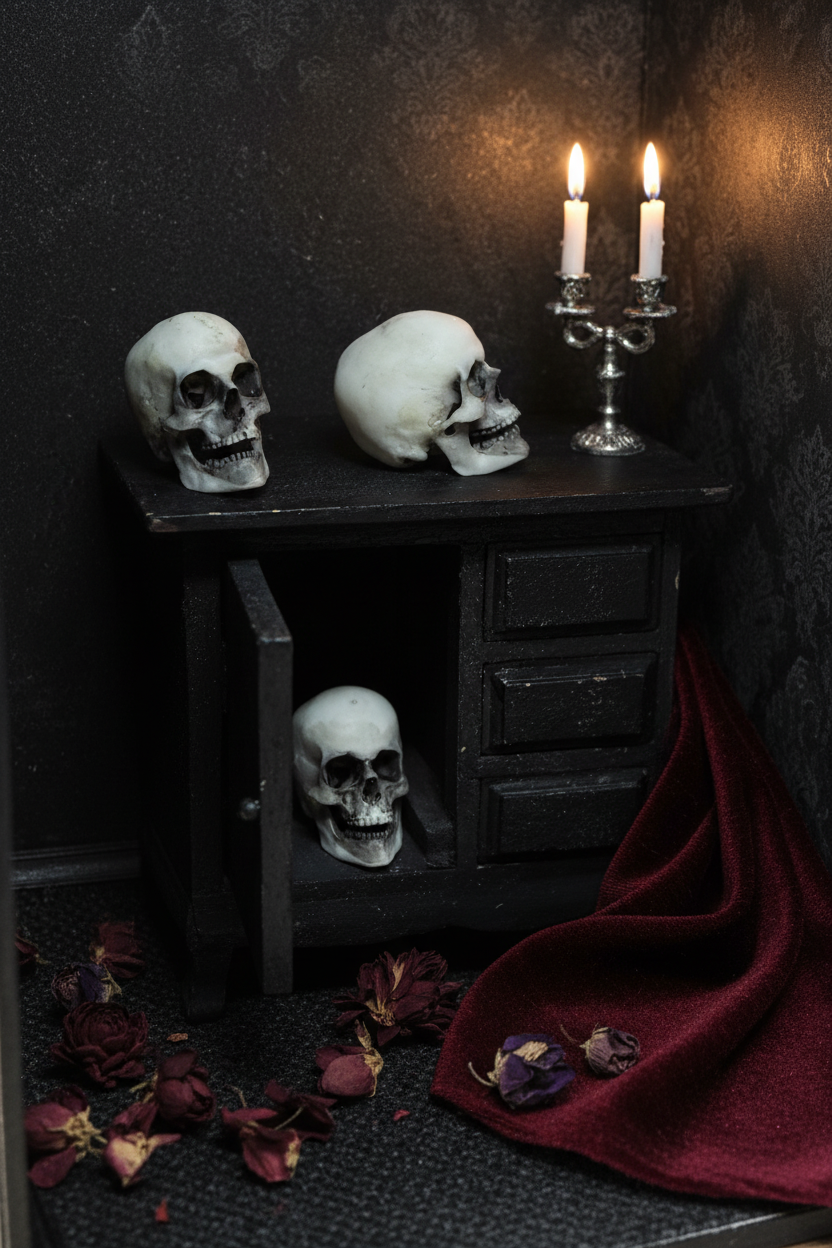 Three skulls on miniature black cabinet