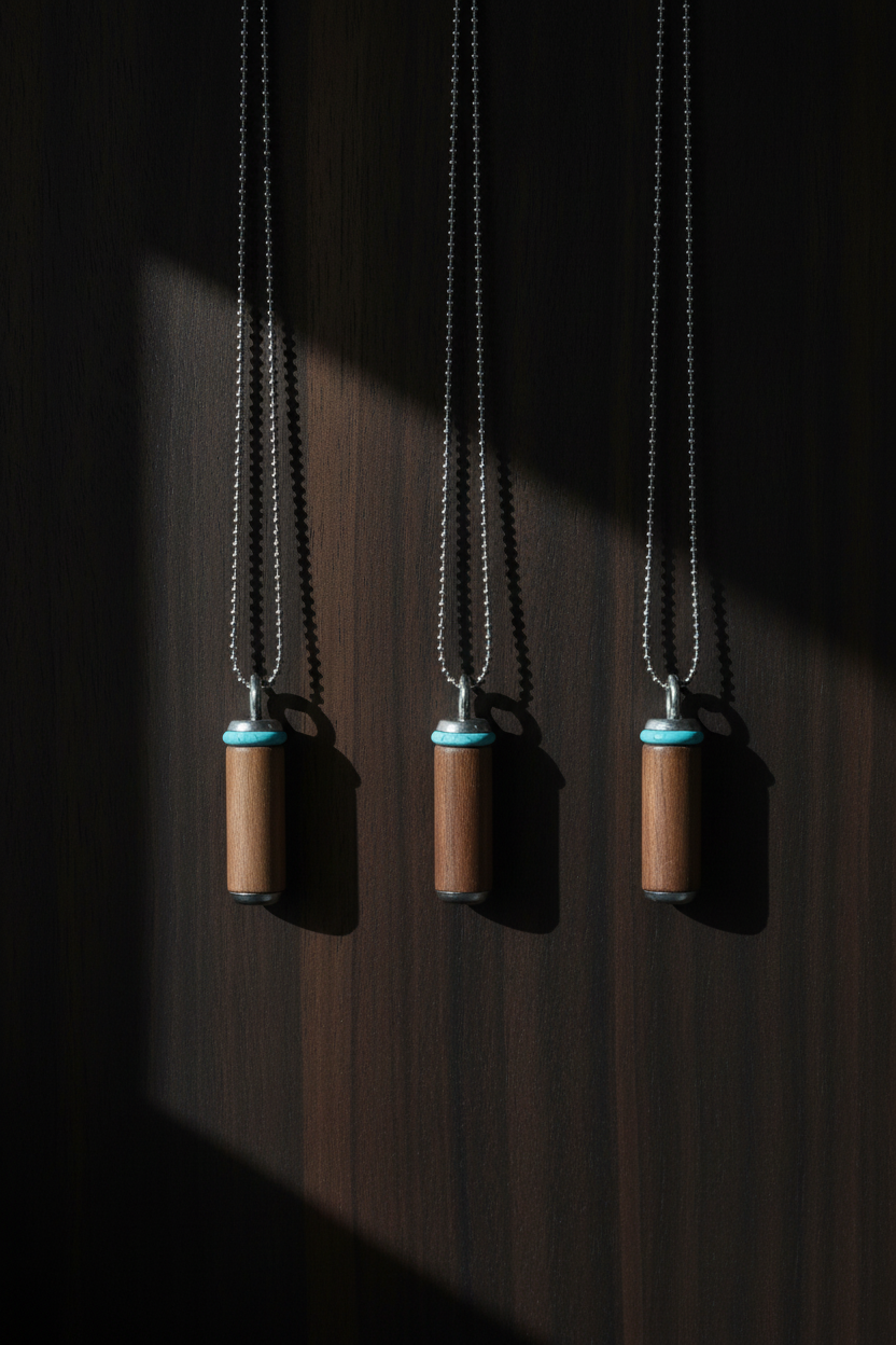 Three wooden turquoise-accented pendants, styled for WILLOWS AND MIDNIGHT