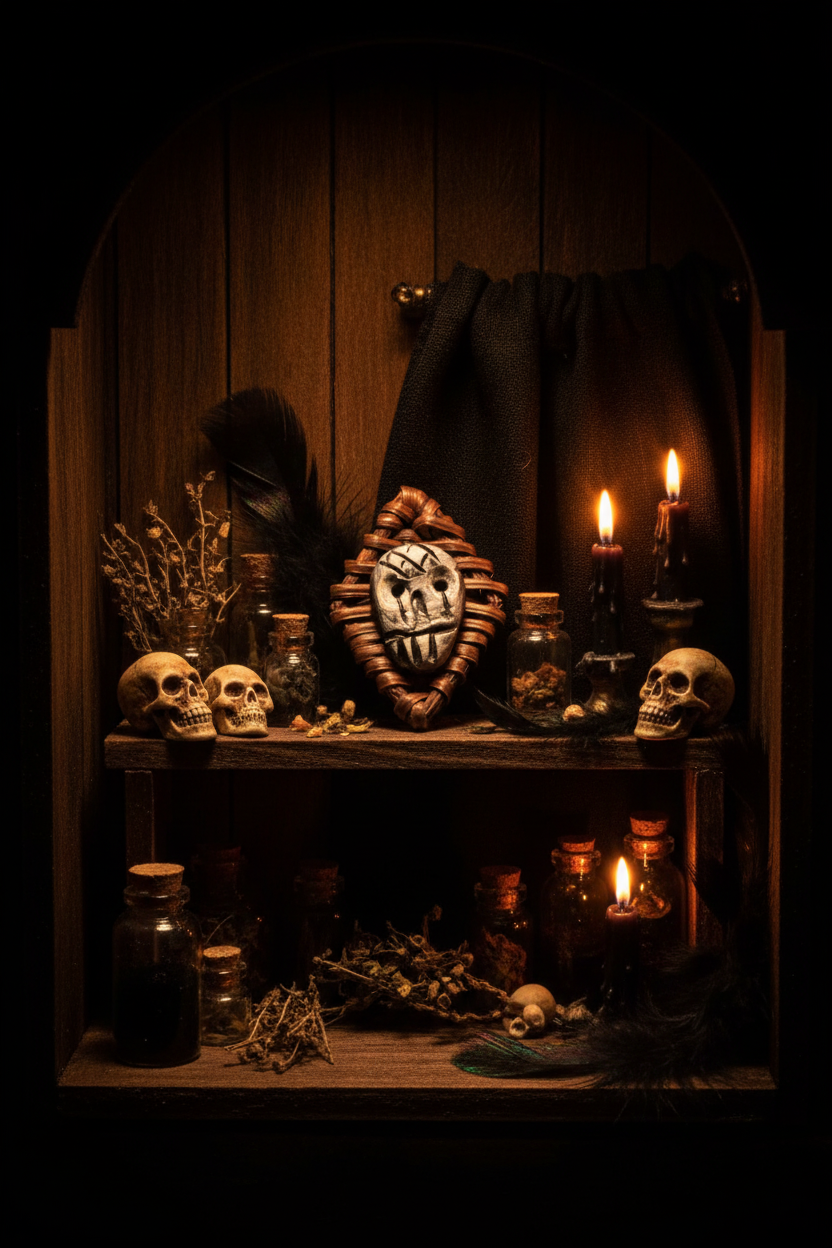 Wicker mask on voodoo shelf