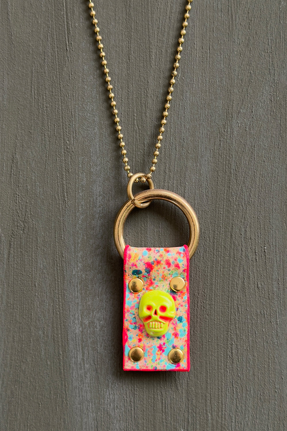 Neon Yellow Skull Leather Pendant Necklace